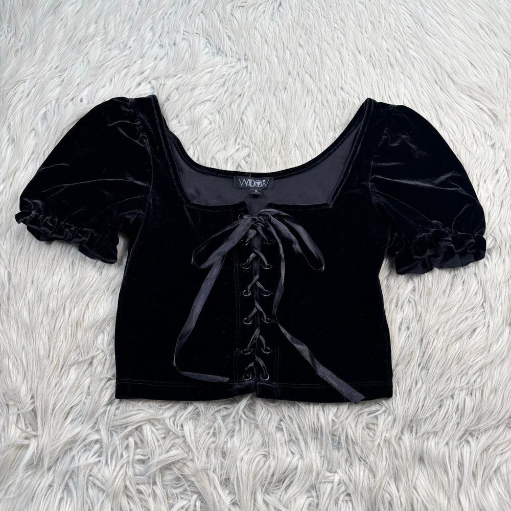Widow Women's S Black Velvet Lace Up Front Crop Top Puff Sleeve Goth Vamp Witch